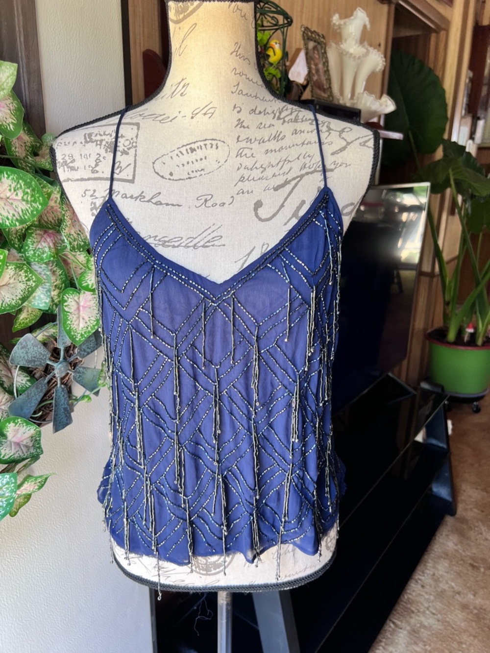 Free People Navy Blue Beaded Strands Gatsby Cami.